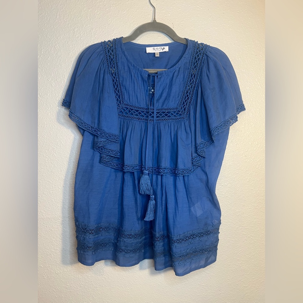 Sea New York Blue Tiered Tassel Blouse